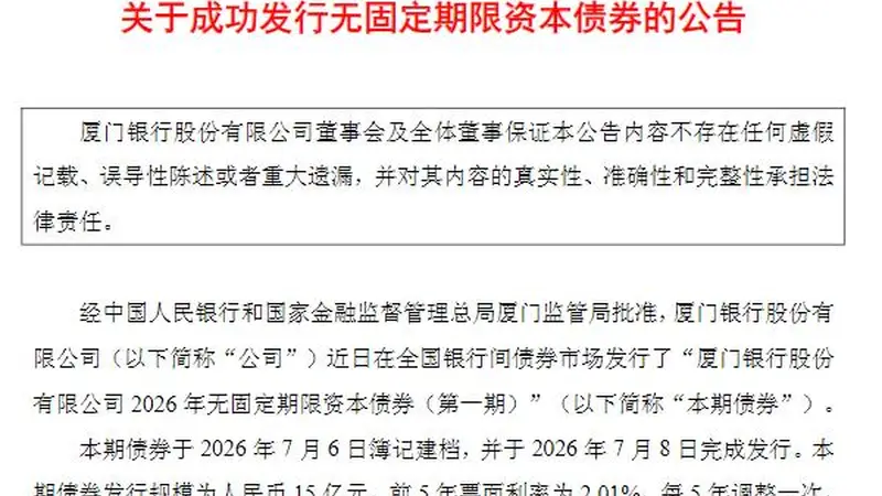 厦门银行成功发行15亿元无固定期限资本债券