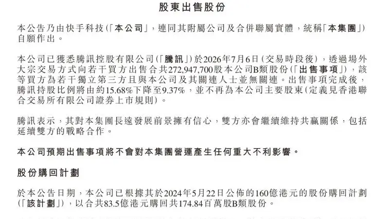 快手:腾讯减持,不再为公司主要股东
