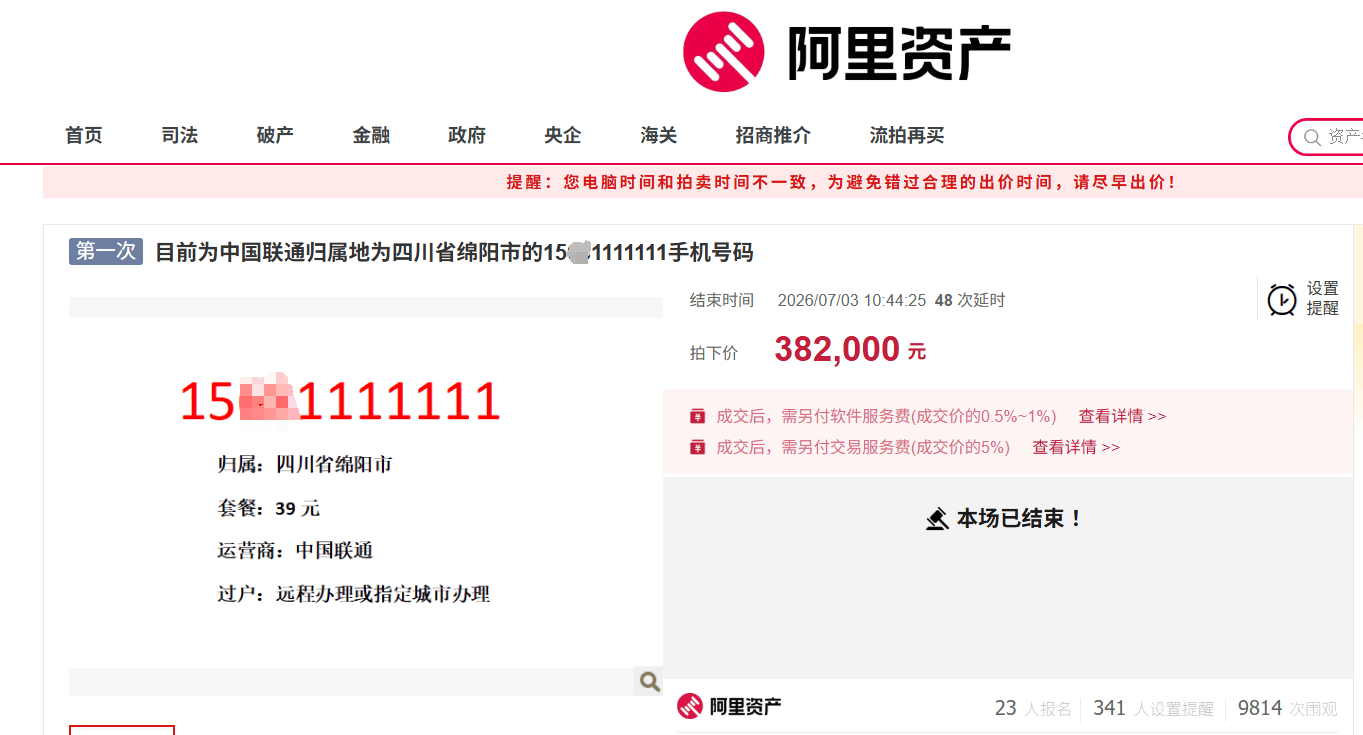 手机靓号在拍卖市场现分化：有的拍出38万高价，有的5万起拍无人出价