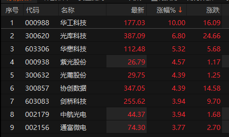 CPO概念股震荡走强 华工科技涨停