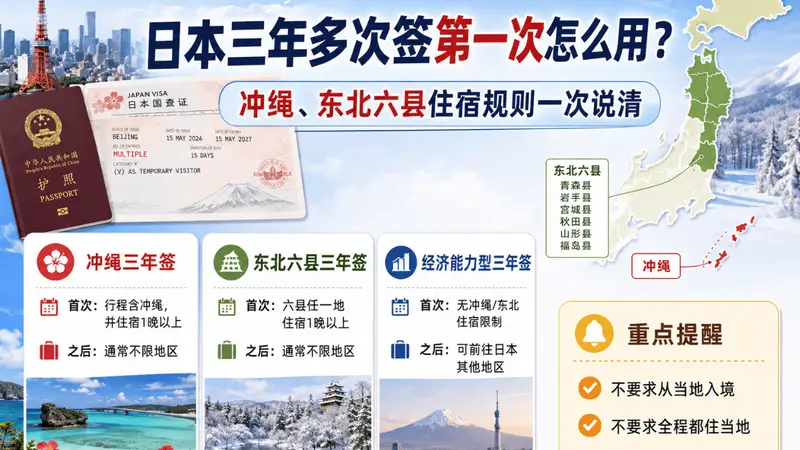 日本三年多次签证首次使用住宿规则解析:冲绳与东北六县核心要求