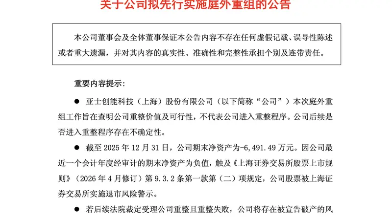 多轮自救难见成效 昔日建筑涂料龙头*ST亚士被迫启动庭外重组