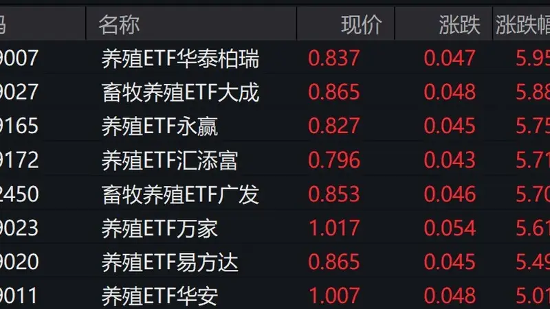 畜牧养殖概念股走强,畜牧养殖相关ETF涨超5%