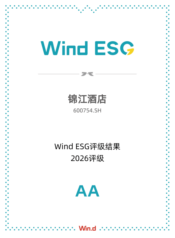 锦江酒店斩获Wind ESG AA评级，国内第二！长期实干领跑行业可持续发展