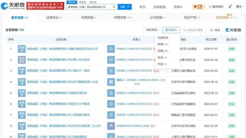 LV中国旗下超十家分支机构已注销