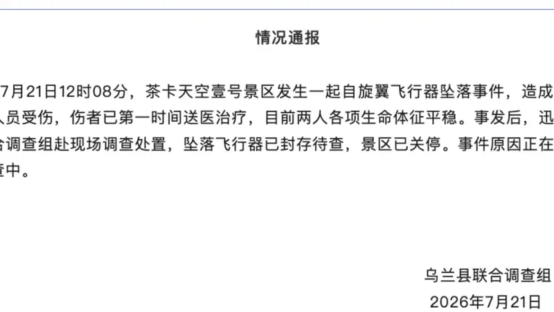 青海茶卡盐湖发生自旋翼飞行器坠落事故致2人受伤